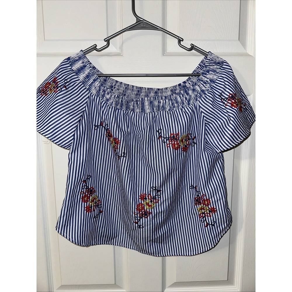 Flying Tomato Blue White Strips Embroidery Off/On Shoulders Large Cropped Blouse